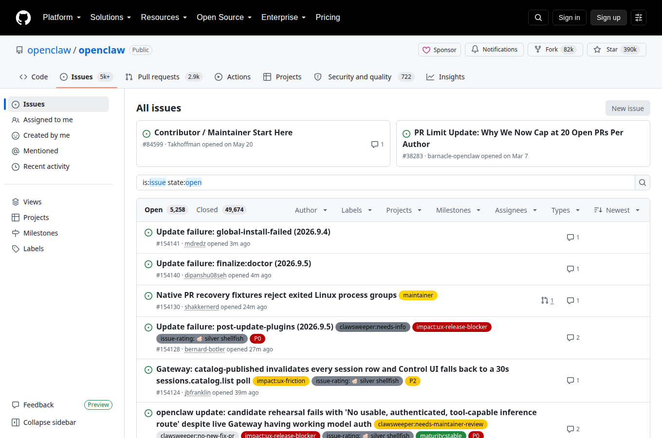 OpenClaw 的 Issues 頁，使用者回報的錯誤與討論一則一則列在上面。