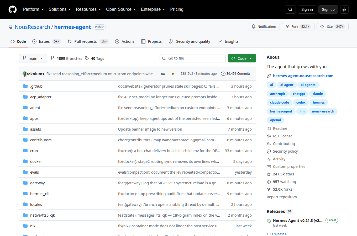 Hermes Agent 的 GitHub 專案首頁，README 說明桌面 App、排程與多助理的運作方式。
