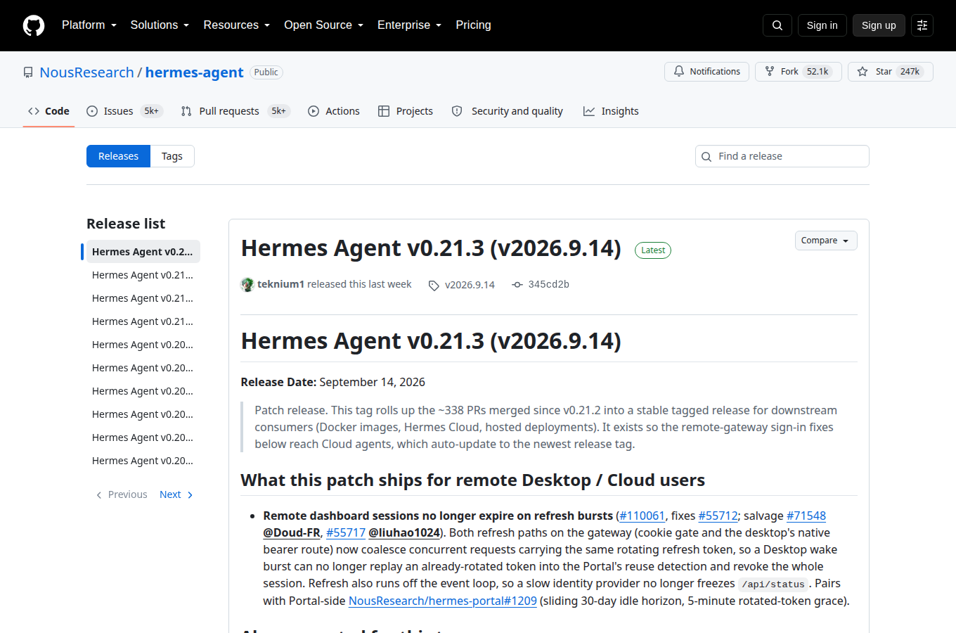 Hermes Agent 的 Releases 頁，版本標籤與修正紀錄集中在這裡。