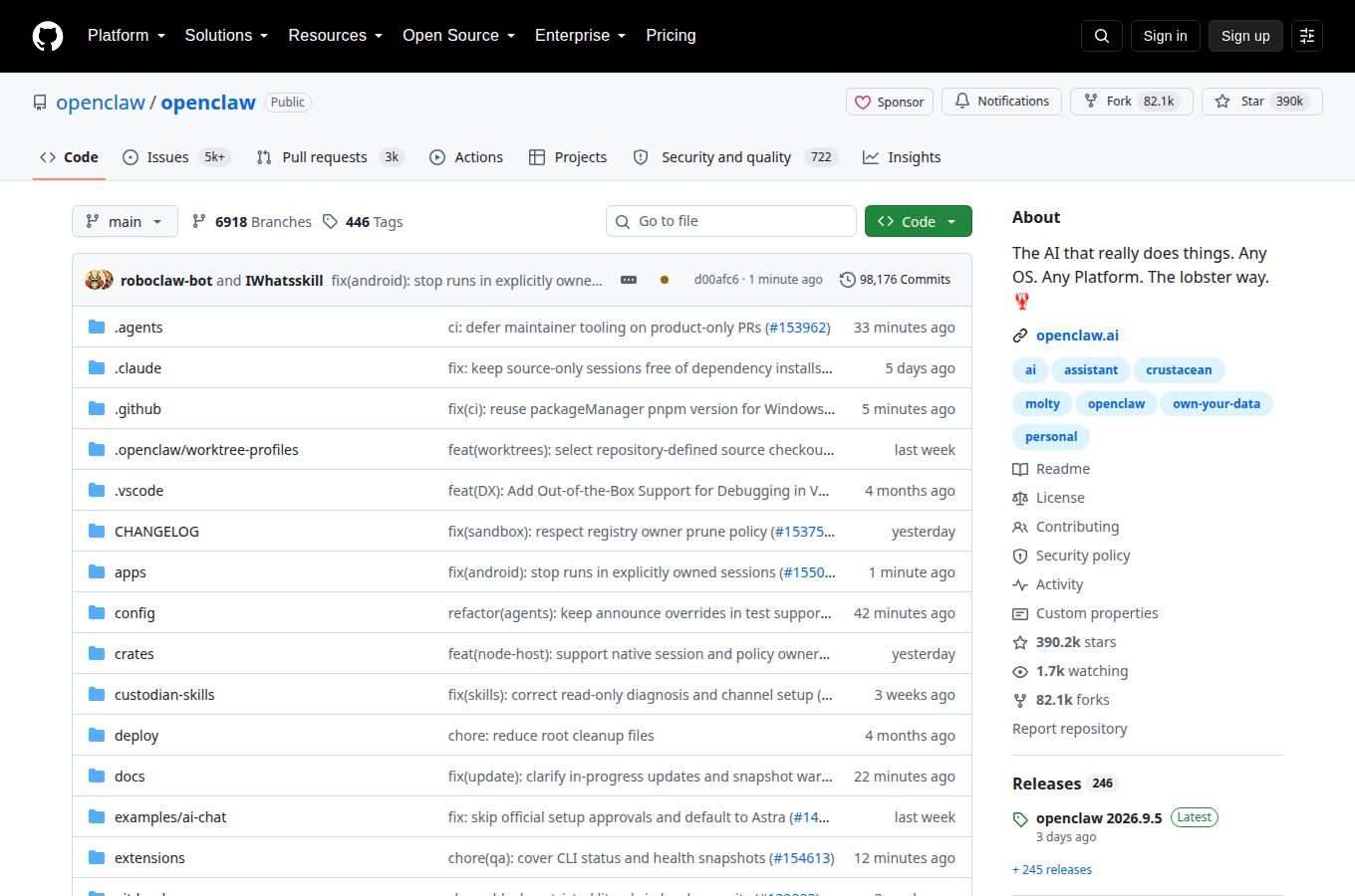 openclaw/openclaw 的 GitHub 專案首頁，可以看到星數、README 開頭與目錄結構，一眼判斷專案規模與文件完整度。
