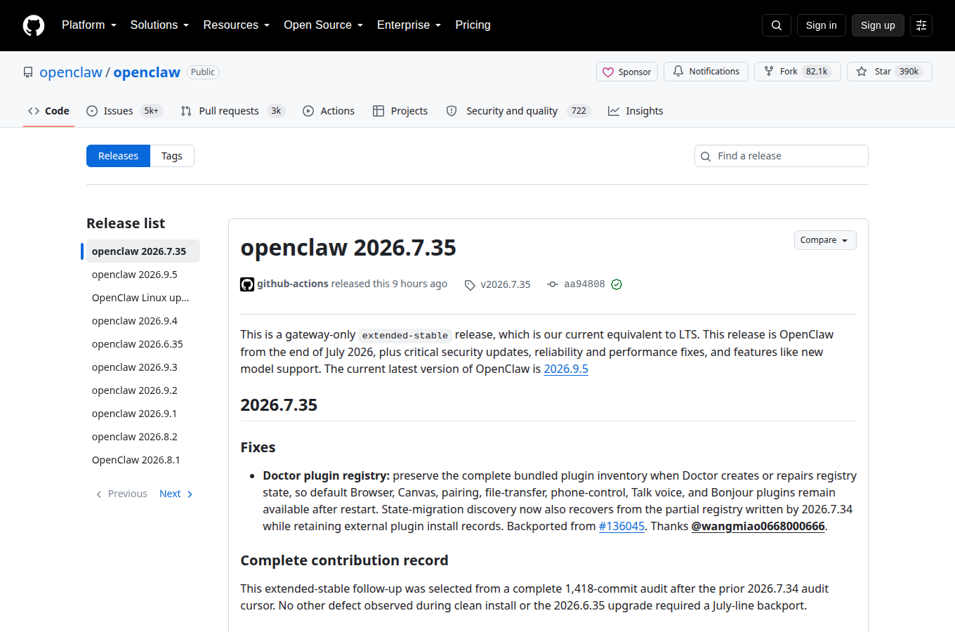 openclaw/openclaw 的 Releases 頁，列出各正式版本與發行日期，最新版號與更新重點一頁看完。