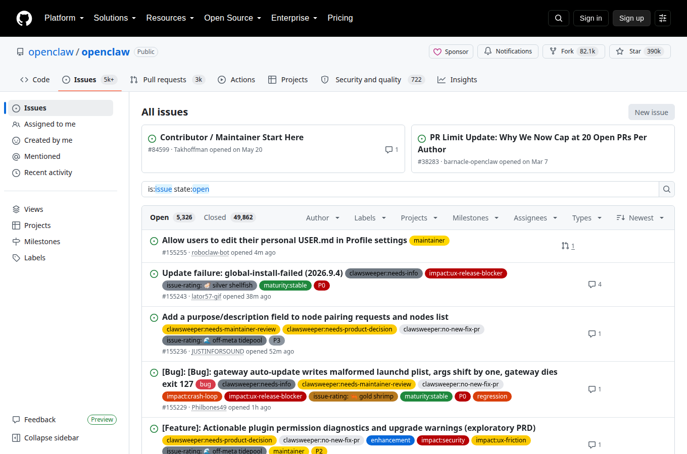 openclaw/openclaw 的 Issues 頁，顯示使用者回報的問題與討論，是評估專案維護狀態與常見踩坑的第一手來源。
