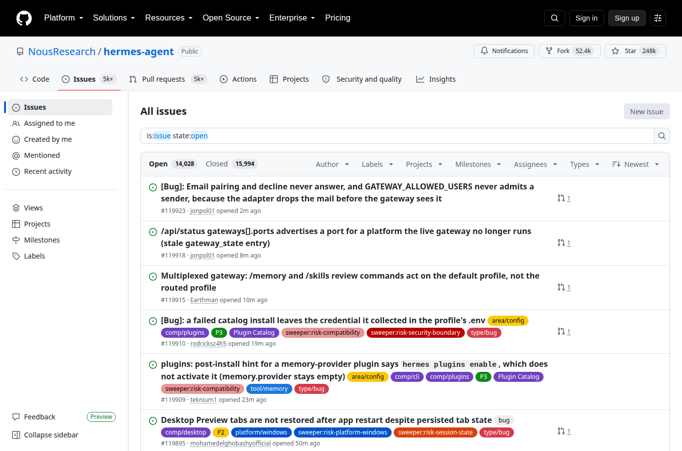 NousResearch/hermes-agent 的 Issues 頁，顯示使用者回報的問題與討論，是評估專案維護狀態與常見踩坑的第一手來源。