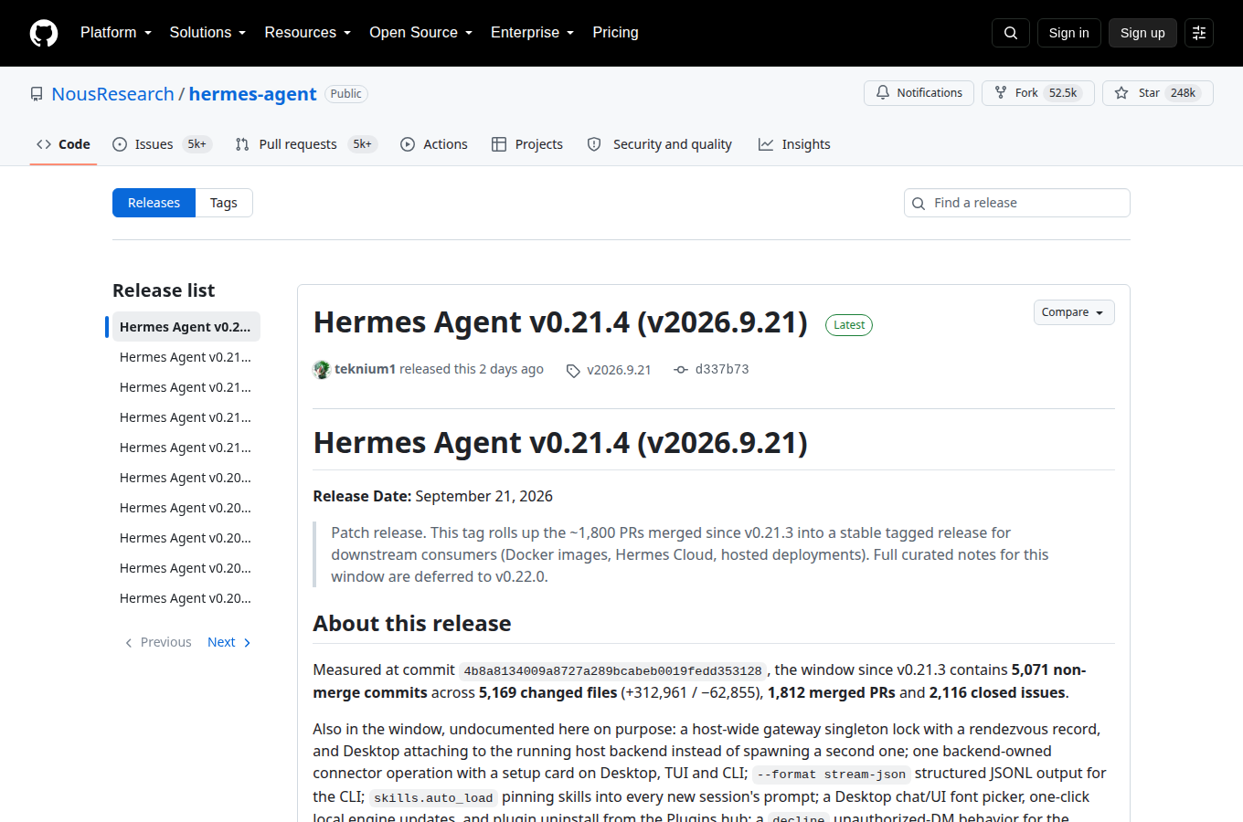 NousResearch/hermes-agent 的 Releases 頁，列出各正式版本與發行日期，最新版號與更新重點一頁看完。