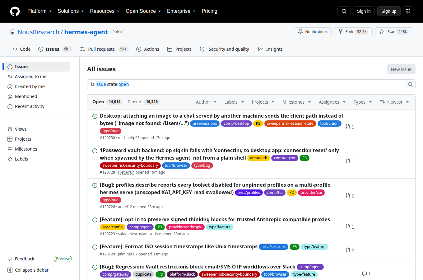 NousResearch/hermes-agent 的 Issues 頁，顯示使用者回報的問題與討論，是評估專案維護狀態與常見踩坑的第一手來源。