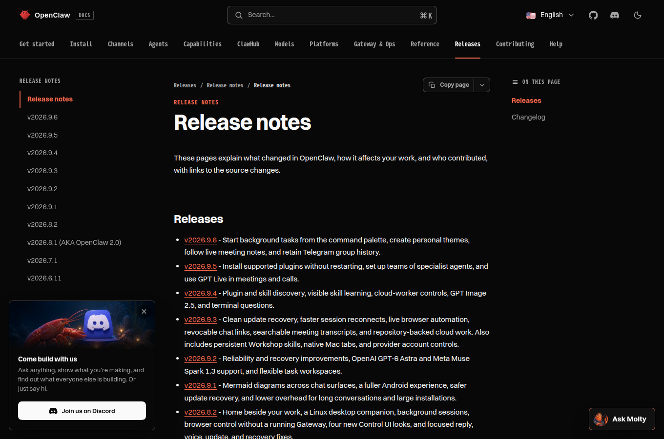docs.openclaw.ai 的官方頁面（/releases），說明這項功能的設定方式與可用選項。