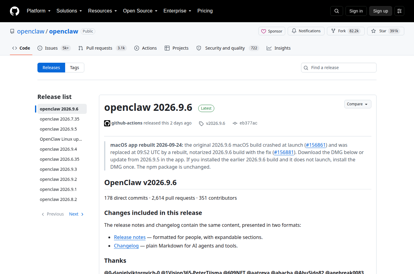 openclaw/openclaw 的 Releases 頁，列出各正式版本與發行日期，最新版號與更新重點一頁看完。