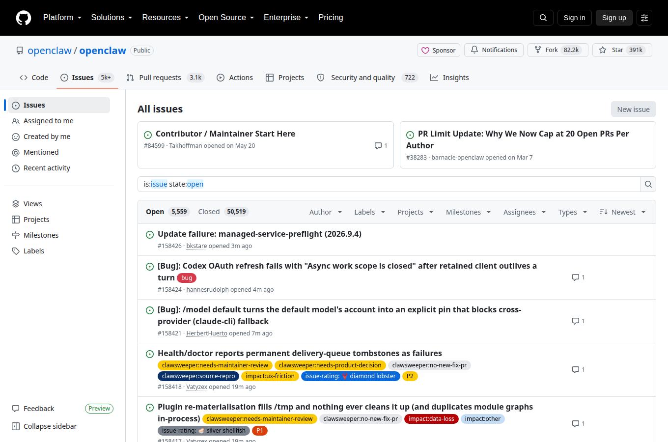 openclaw/openclaw 的 Issues 頁，顯示使用者回報的問題與討論，是評估專案維護狀態與常見踩坑的第一手來源。