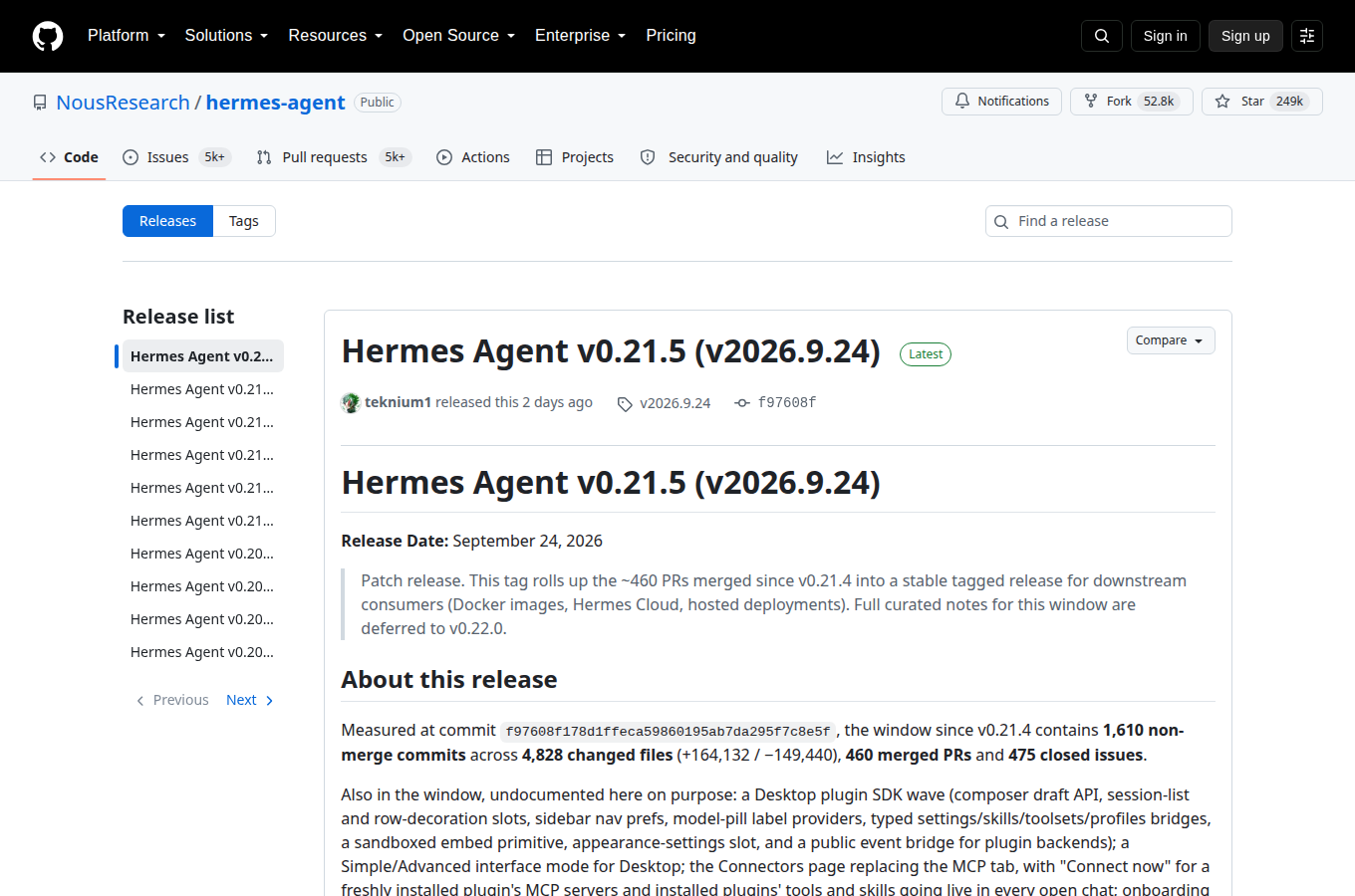 NousResearch/hermes-agent 的 Releases 頁，列出各正式版本與發行日期，最新版號與更新重點一頁看完。
