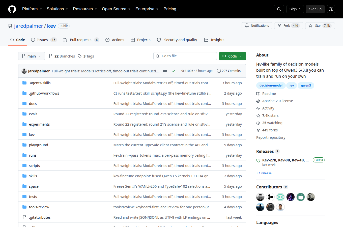 jaredpalmer/kev 的 GitHub 專案首頁，可以看到星數、README 開頭與目錄結構，一眼判斷專案規模與文件完整度。