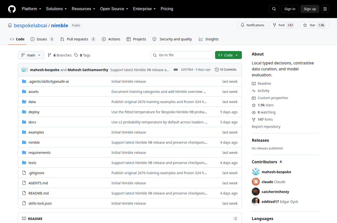 bespokelabsai/nimble 的 GitHub 專案首頁，可以看到星數、README 開頭與目錄結構，一眼判斷專案規模與文件完整度。