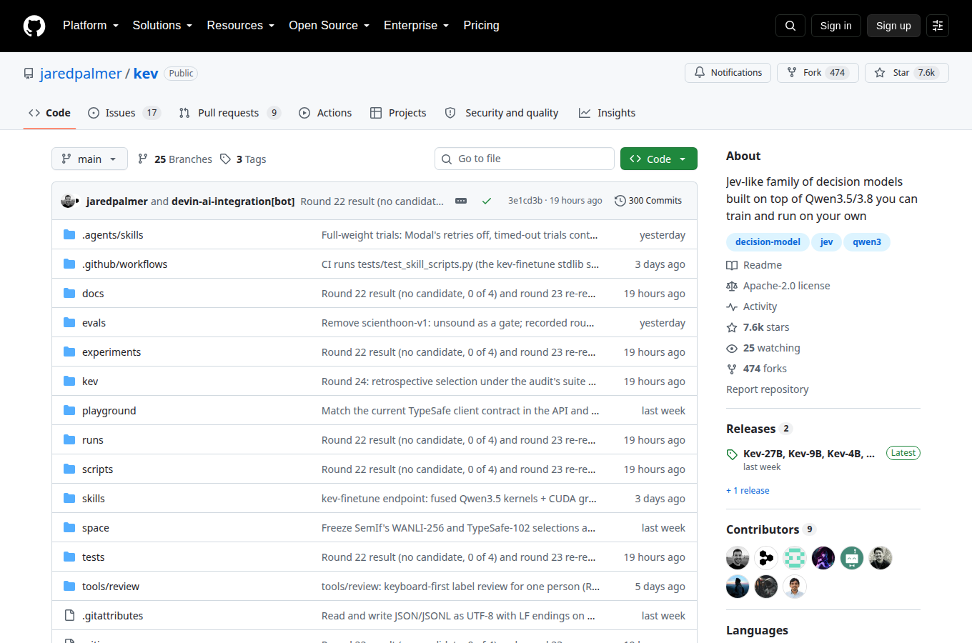jaredpalmer/kev 的 GitHub 專案首頁，可以看到星數、README 開頭與目錄結構，一眼判斷專案規模與文件完整度。