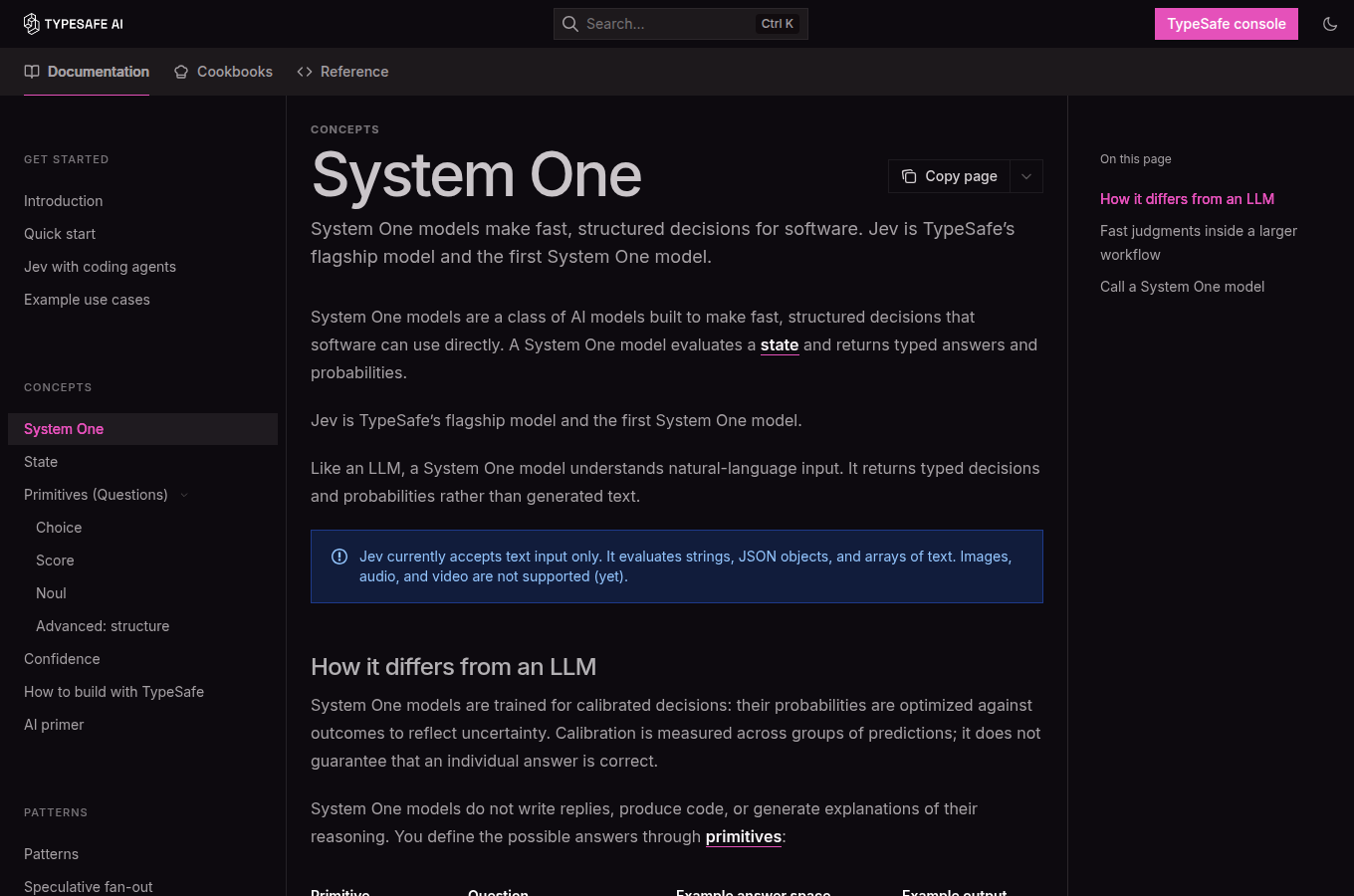 TypeSafe AI 官方文件站的 System One 概念頁，決策型模型的定義與三種問題型別。