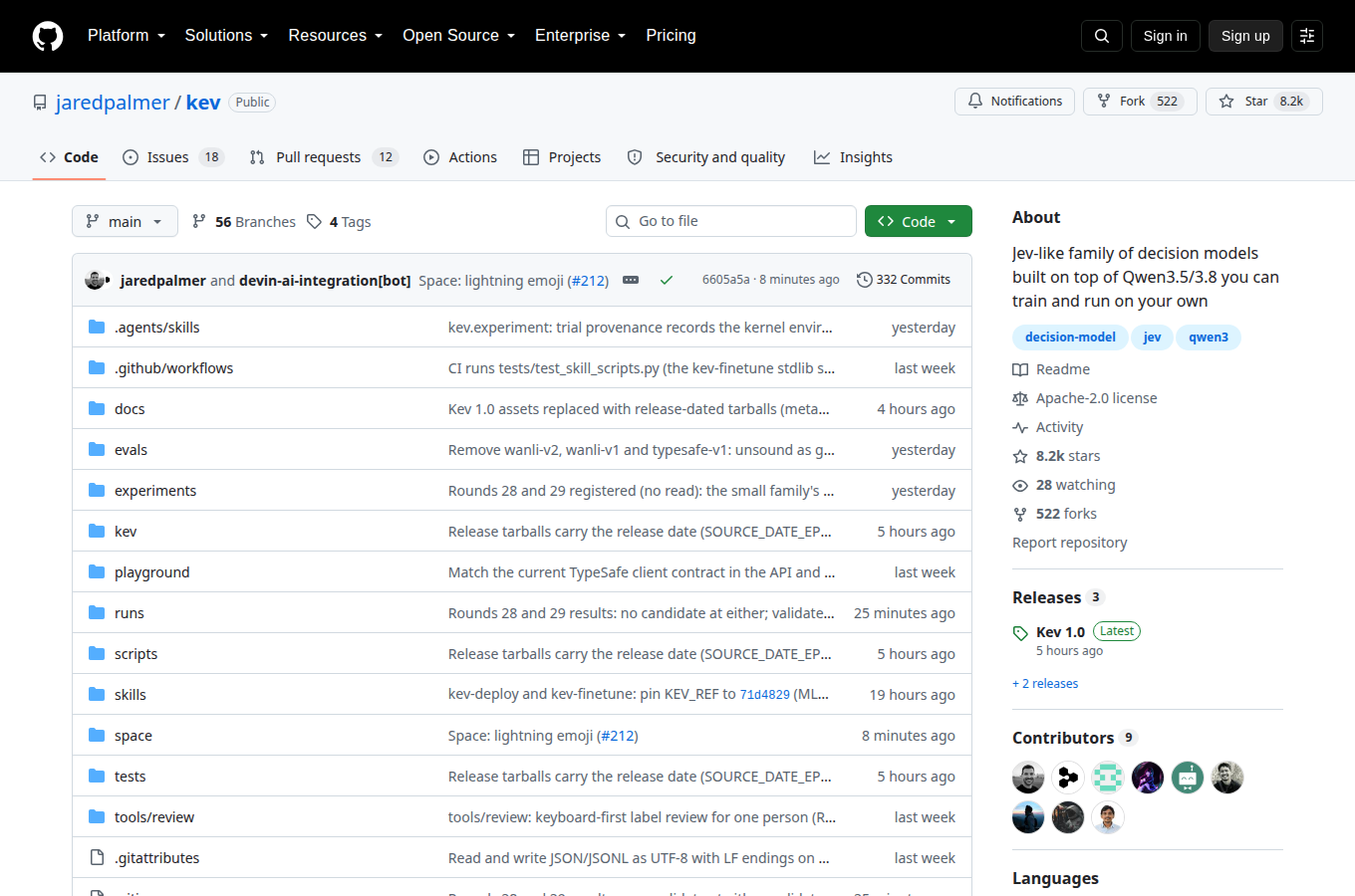 jaredpalmer/kev 的 GitHub 專案首頁，可以看到星數、README 開頭與目錄結構，一眼判斷專案規模與文件完整度。