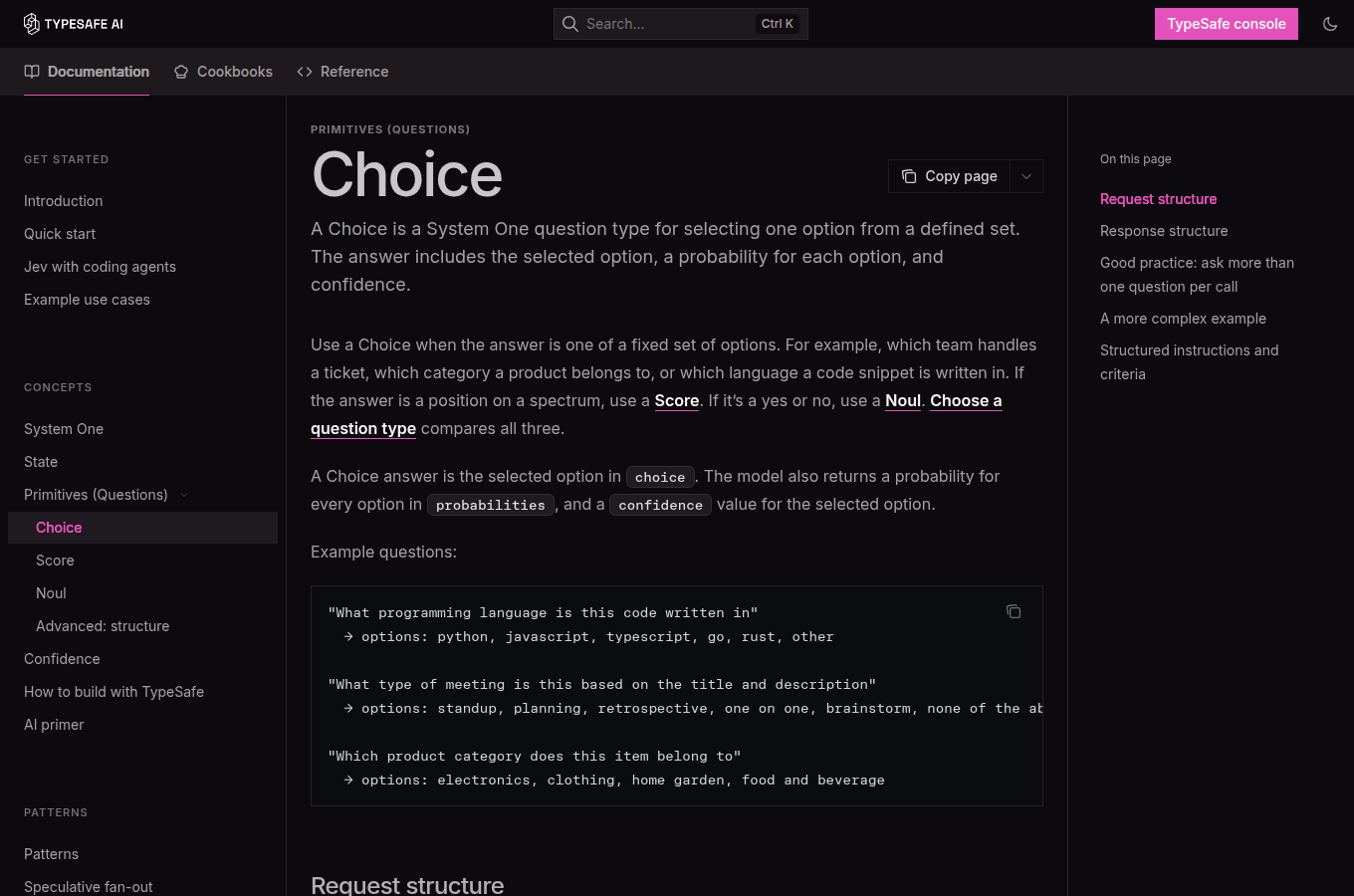 TypeSafe 官方文件站的 Choice 頁，說明這類選擇題的定義與適用場景，右側同時帶出 Request 與 Response 結構的欄位對照。