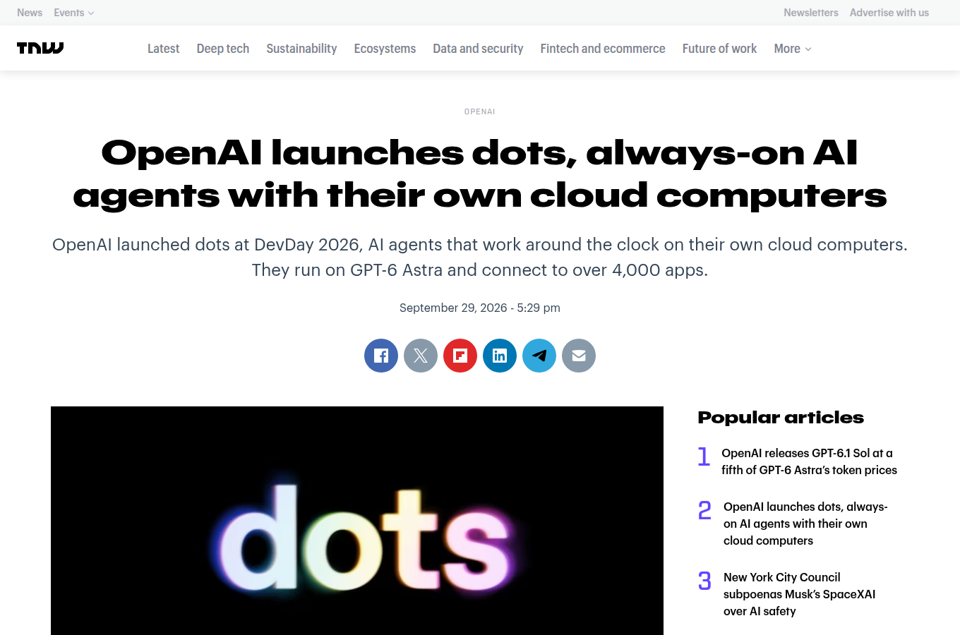 The Next Web 對 dots 常駐代理與雲端電腦的報導，說明每個 dot 在雲端擁有獨立工作環境的設計。