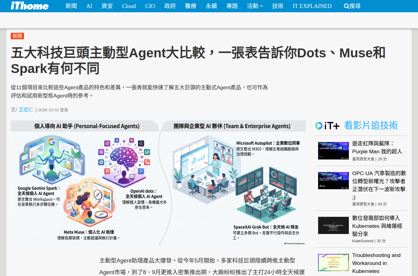 iThome 整理的主動型代理比較，把 dots 與 Grok Bot、Muse、Autopilot 等同期產品的定位並列對照。