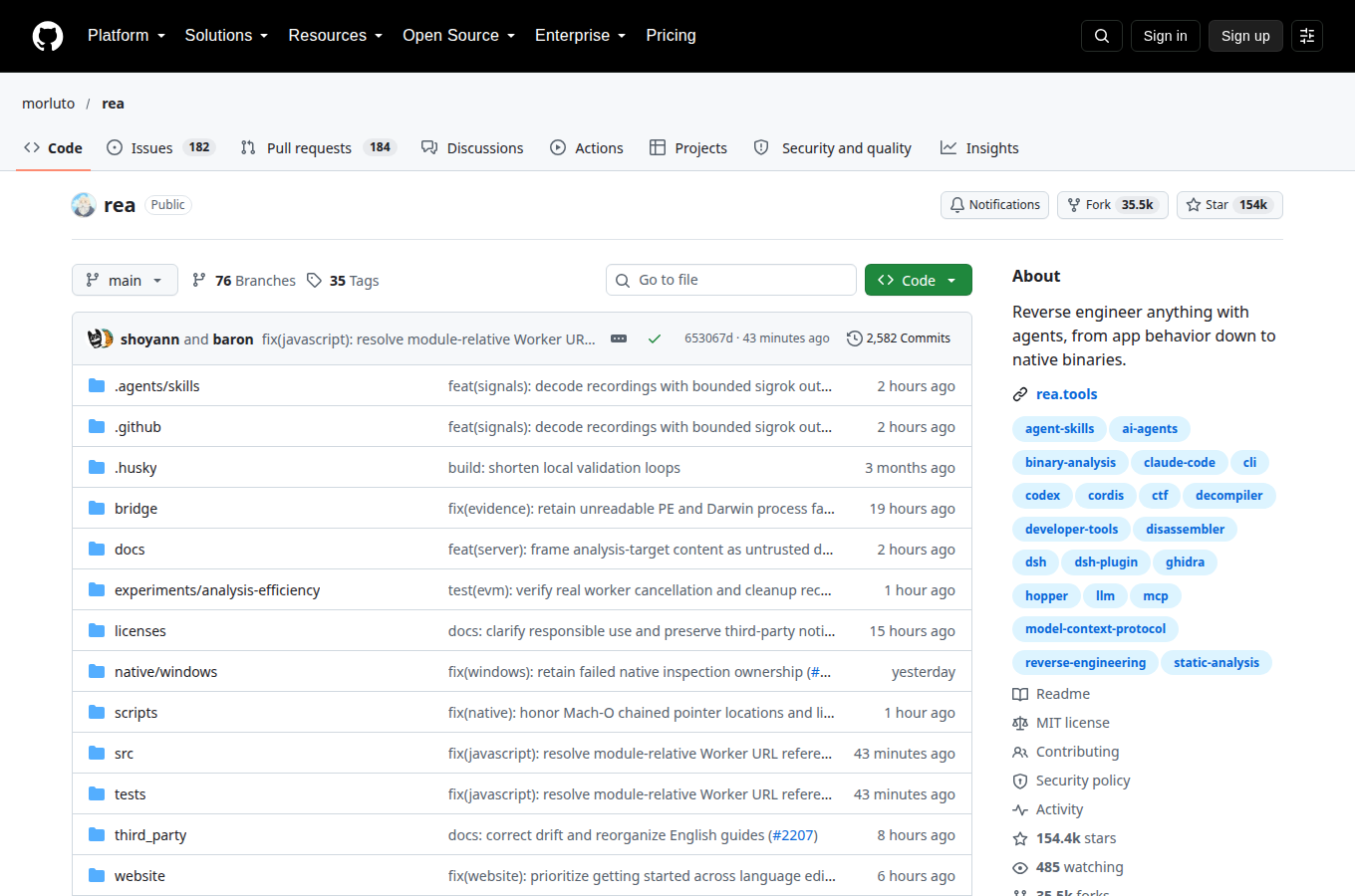 morluto/rea 的 GitHub 專案首頁,可以看到星數、README 開頭與目錄結構,一眼判斷專案規模與文件完整度。