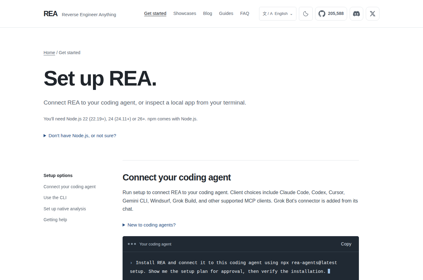 REA 官方 Get Started 頁，列出安裝步驟與第一次分析的實際操作方式。