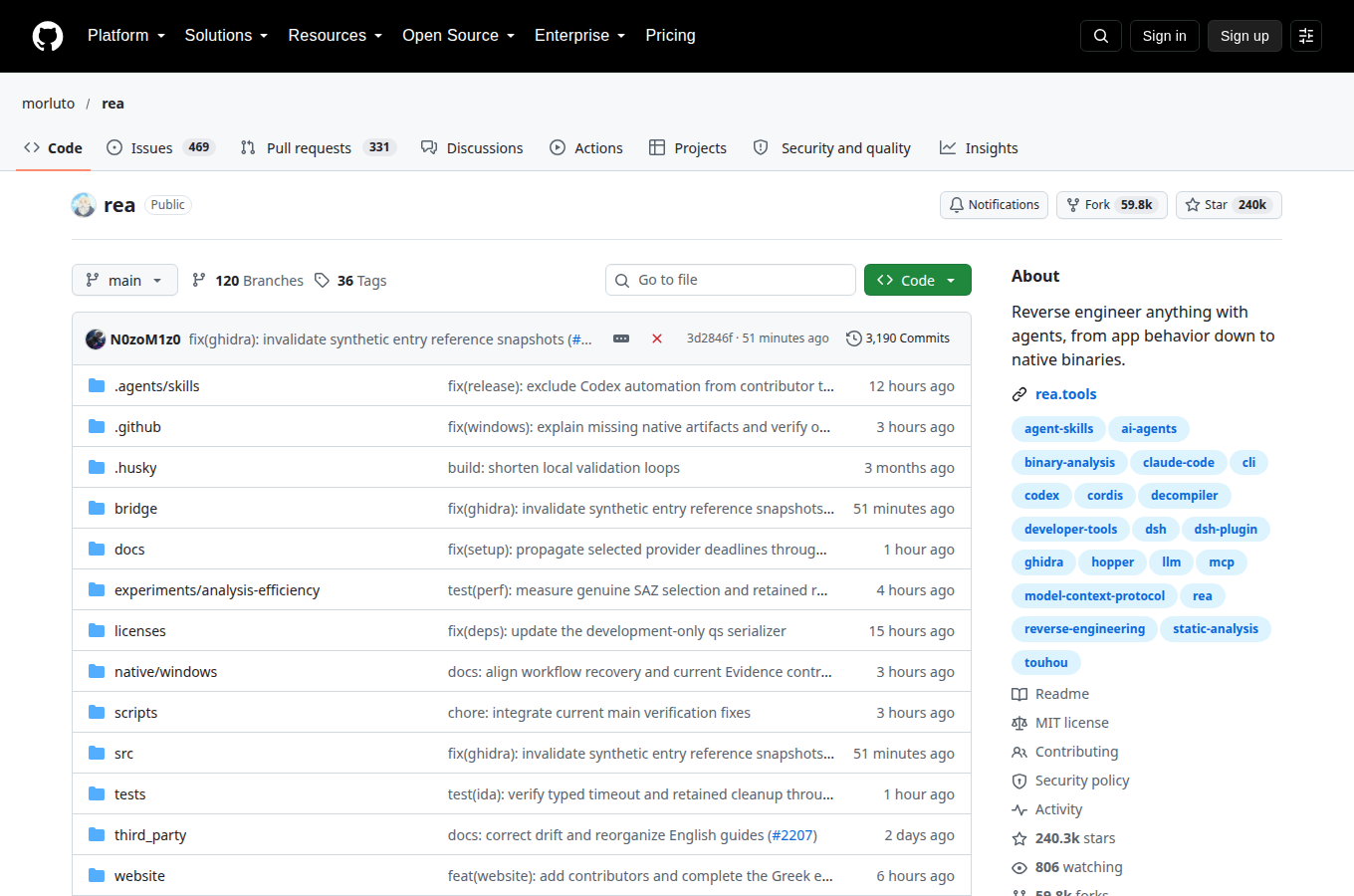 morluto/rea 的 GitHub 專案首頁，可以看到星數、README 開頭與目錄結構，一眼判斷專案規模與文件完整度。