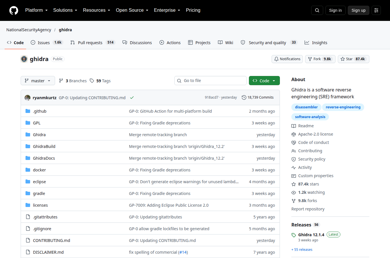 NationalSecurityAgency/ghidra 的 GitHub 專案首頁，可以看到星數、README 開頭與目錄結構，一眼判斷專案規模與文件完整度。