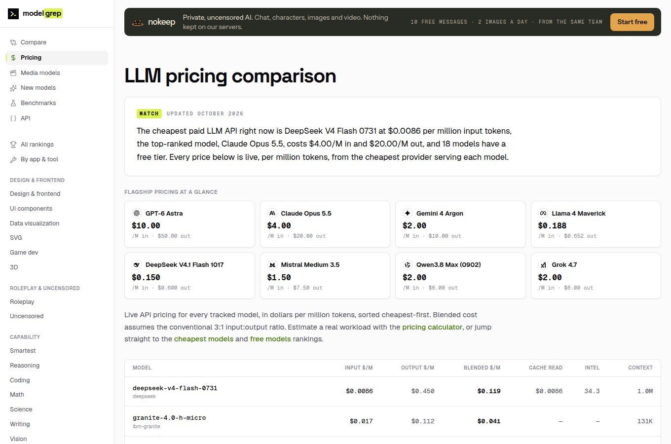 modelgrep 的 LLM pricing comparison 頁
