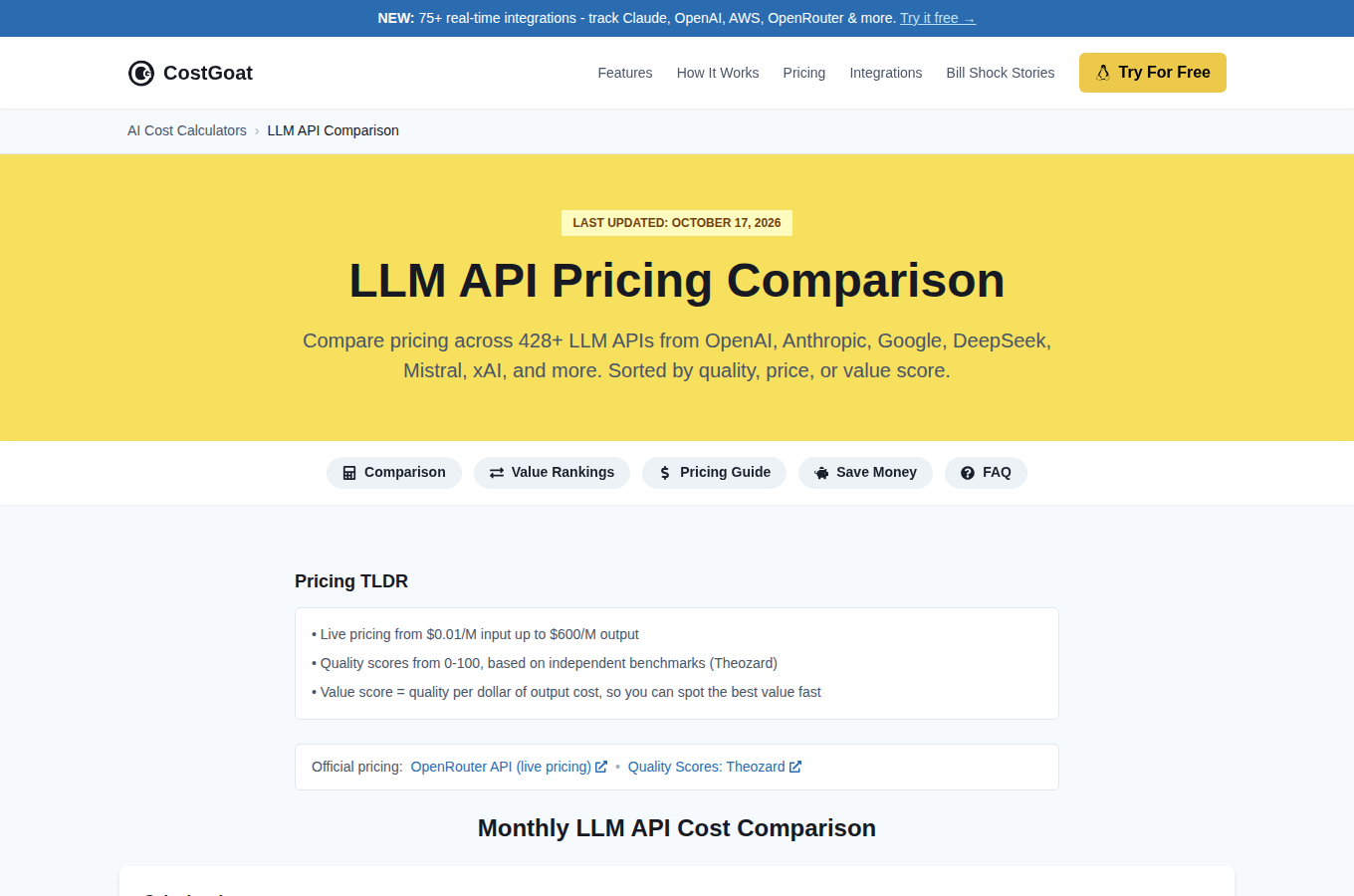 CostGoat 的 LLM API 比較頁