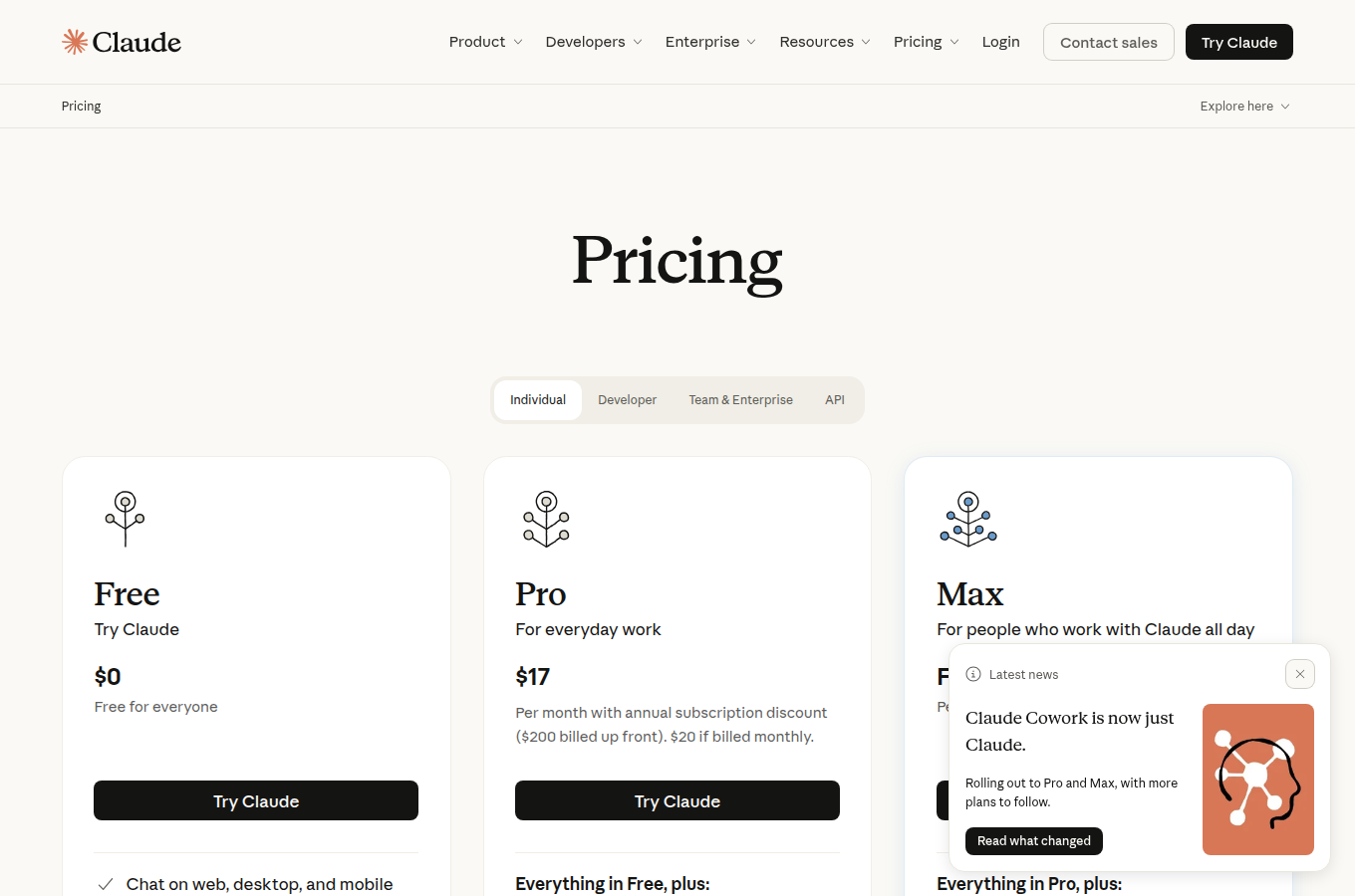 Anthropic 官方 Pricing 頁，Free、Pro、Max 與 API 方案分開標價