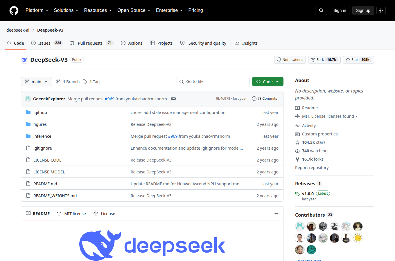 deepseek-ai/DeepSeek-V3 的 GitHub 專案首頁，可以看到星數、README 開頭與目錄結構，一眼判斷專案規模與文件完整度。