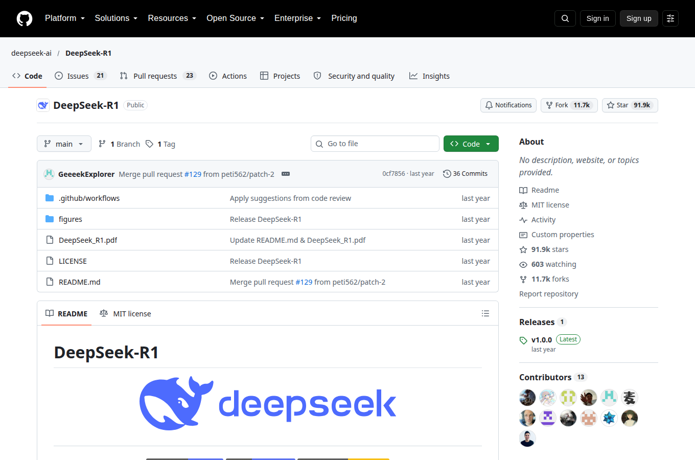 deepseek-ai/DeepSeek-R1 專案頁，官方倉庫入口與推理模型文件一頁看全。