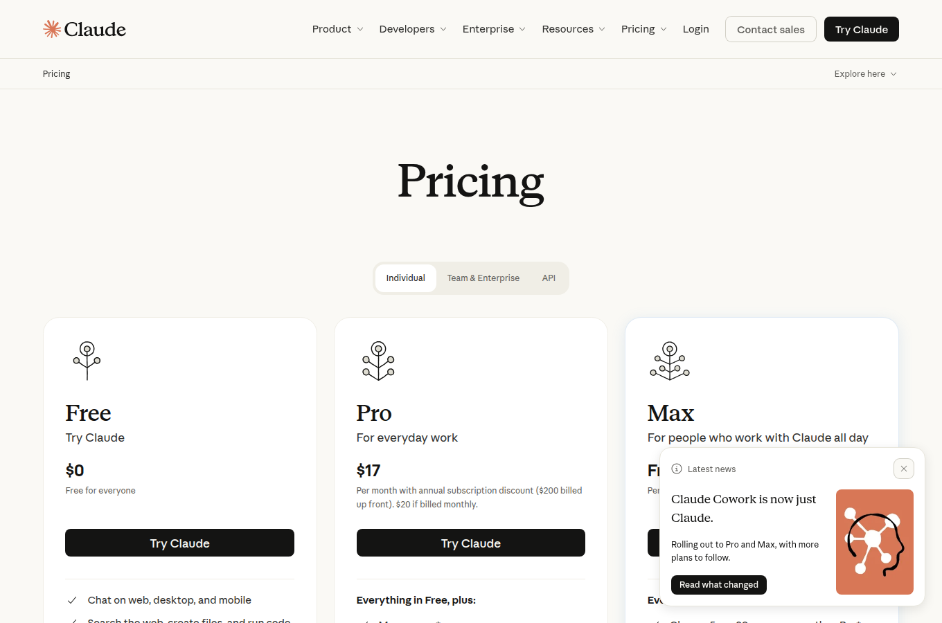 Anthropic 官方 Pricing 頁，Free、Pro、Max 與 API 方案的價格與每月額度一頁對照，可看出高階模型與入門方案的價差來源。