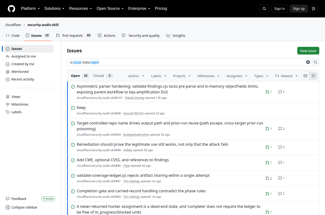 cloudflare/security-audit-skill 的 Issues 頁,顯示使用者回報的問題與討論,是評估專案維護狀態與常見踩坑的第一手來源。