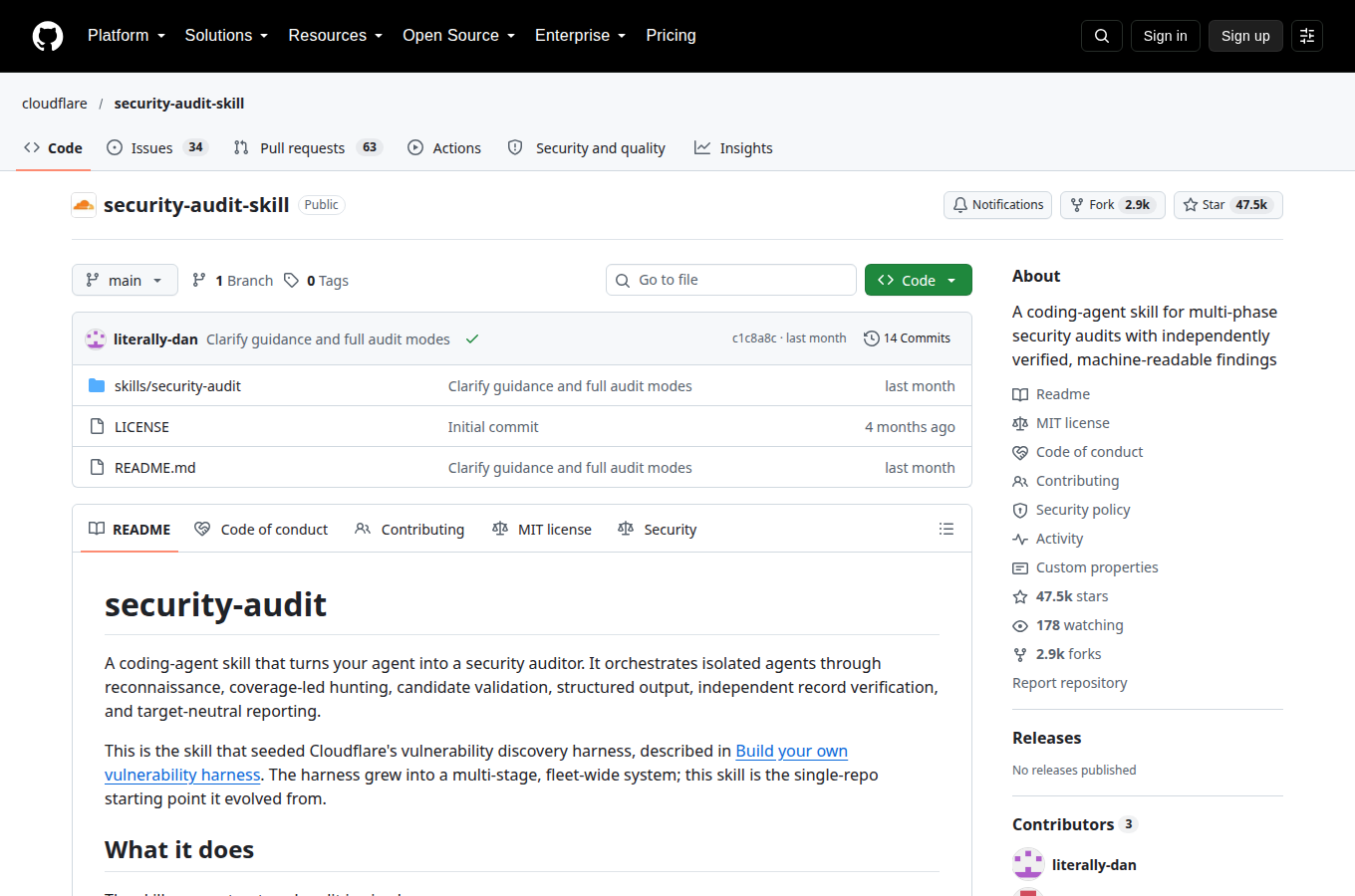 cloudflare/security-audit-skill 的 GitHub 專案首頁，可以看到星數、README 開頭與目錄結構，一眼判斷專案規模與文件完整度。
