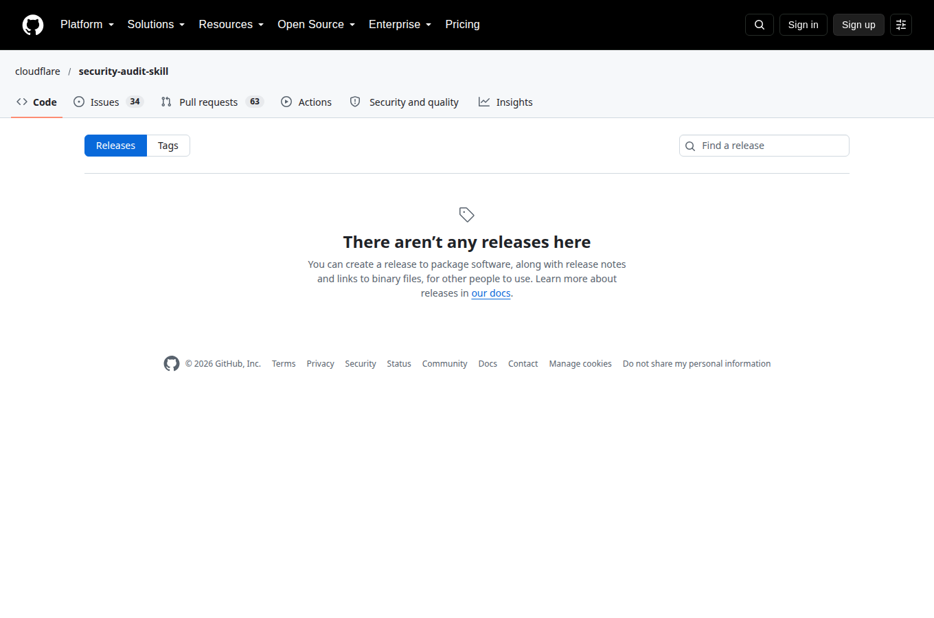 cloudflare/security-audit-skill 的 Releases 頁，列出各正式版本與發行日期，最新版號與更新重點一頁看完。