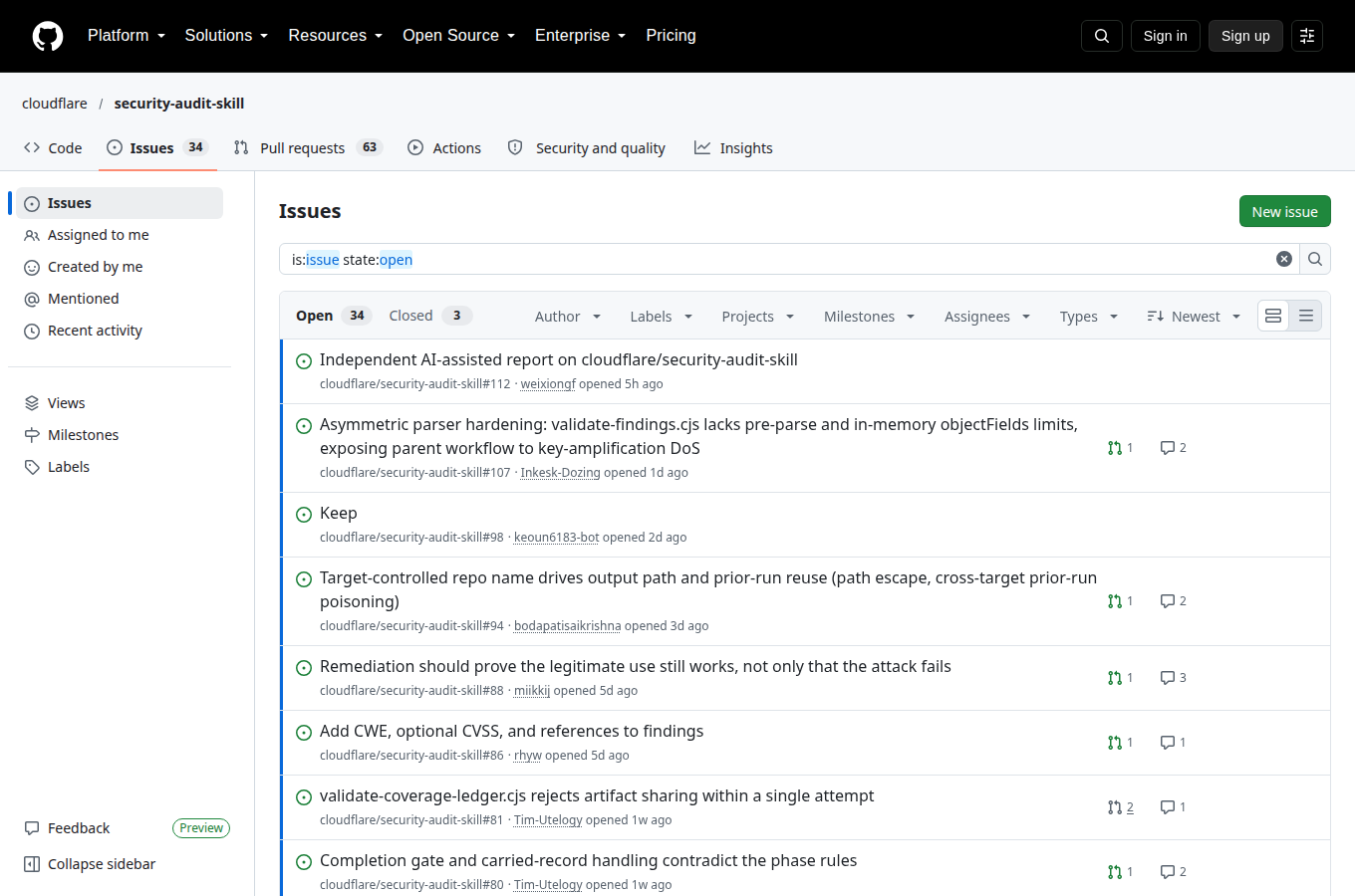 cloudflare/security-audit-skill 的 Issues 頁，顯示使用者回報的問題與討論，是評估專案維護狀態與常見踩坑的第一手來源。