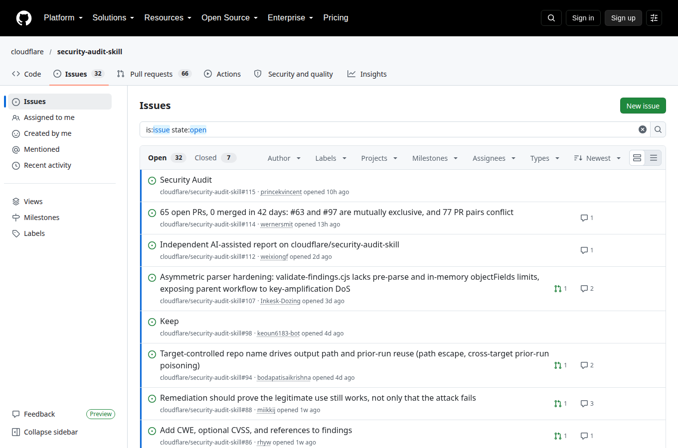 cloudflare/security-audit-skill 的 Issues 頁,顯示使用者回報的問題與討論,是評估專案維護狀態與常見踩坑的第一手來源。