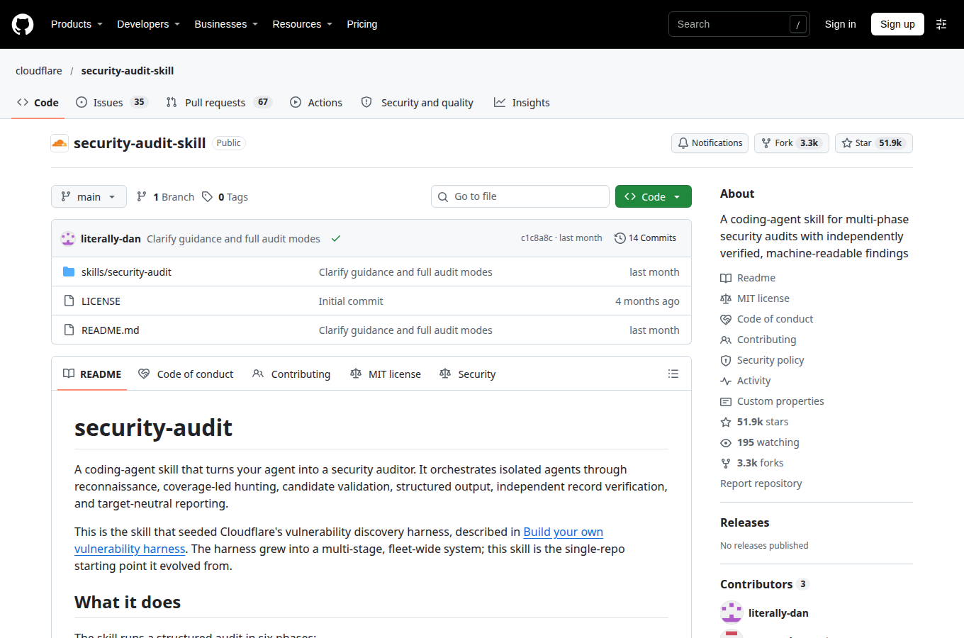 cloudflare/security-audit-skill 的 GitHub 專案首頁，可以看到星數、README 開頭與目錄結構，一眼判斷專案規模與文件完整度。