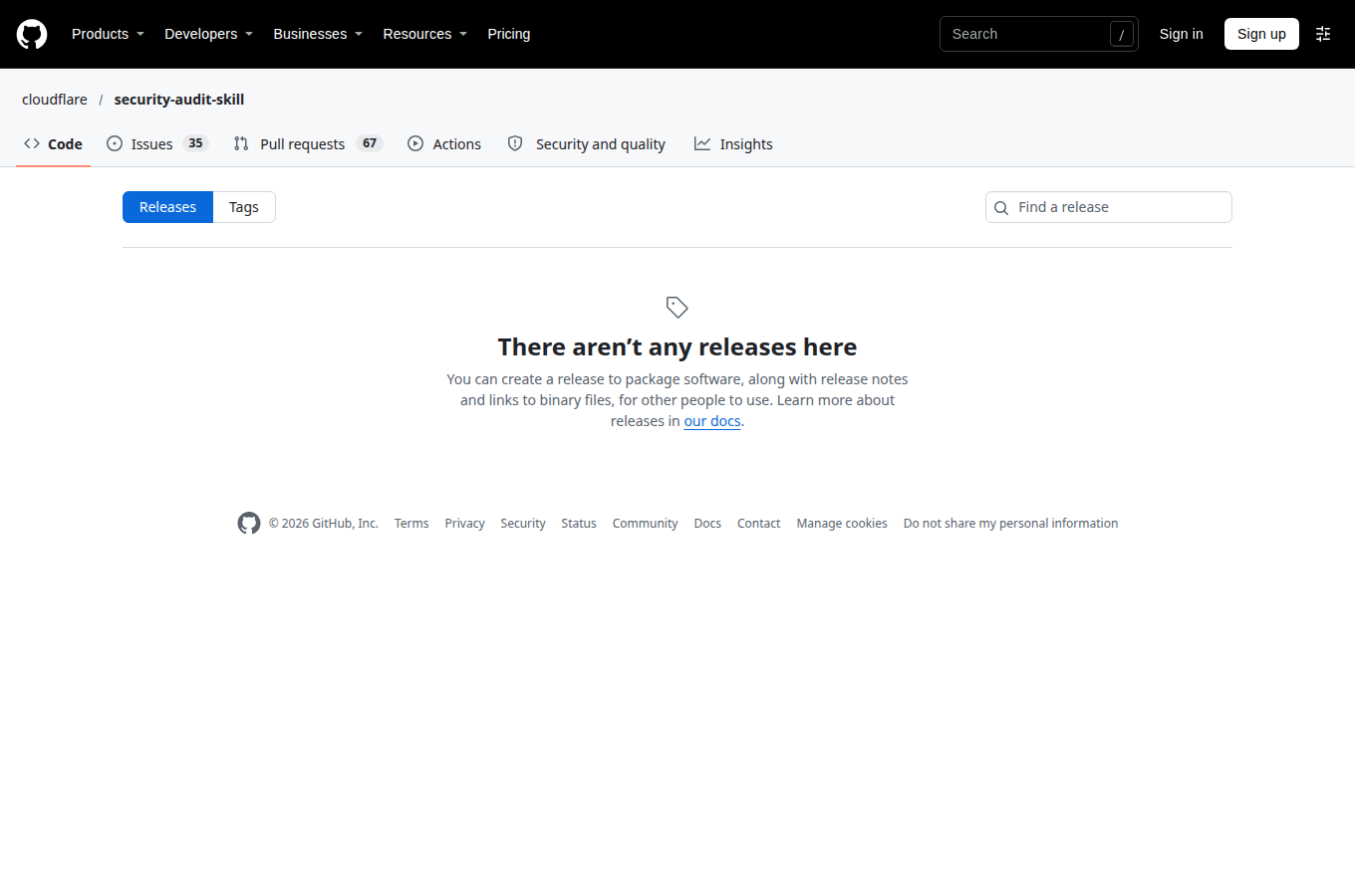 cloudflare/security-audit-skill 的 Releases 頁，列出各正式版本與發行日期，最新版號與更新重點一頁看完。