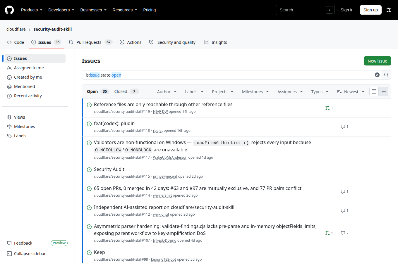 cloudflare/security-audit-skill 的 Issues 頁，顯示使用者回報的問題與討論，是評估專案維護狀態與常見踩坑的第一手來源。