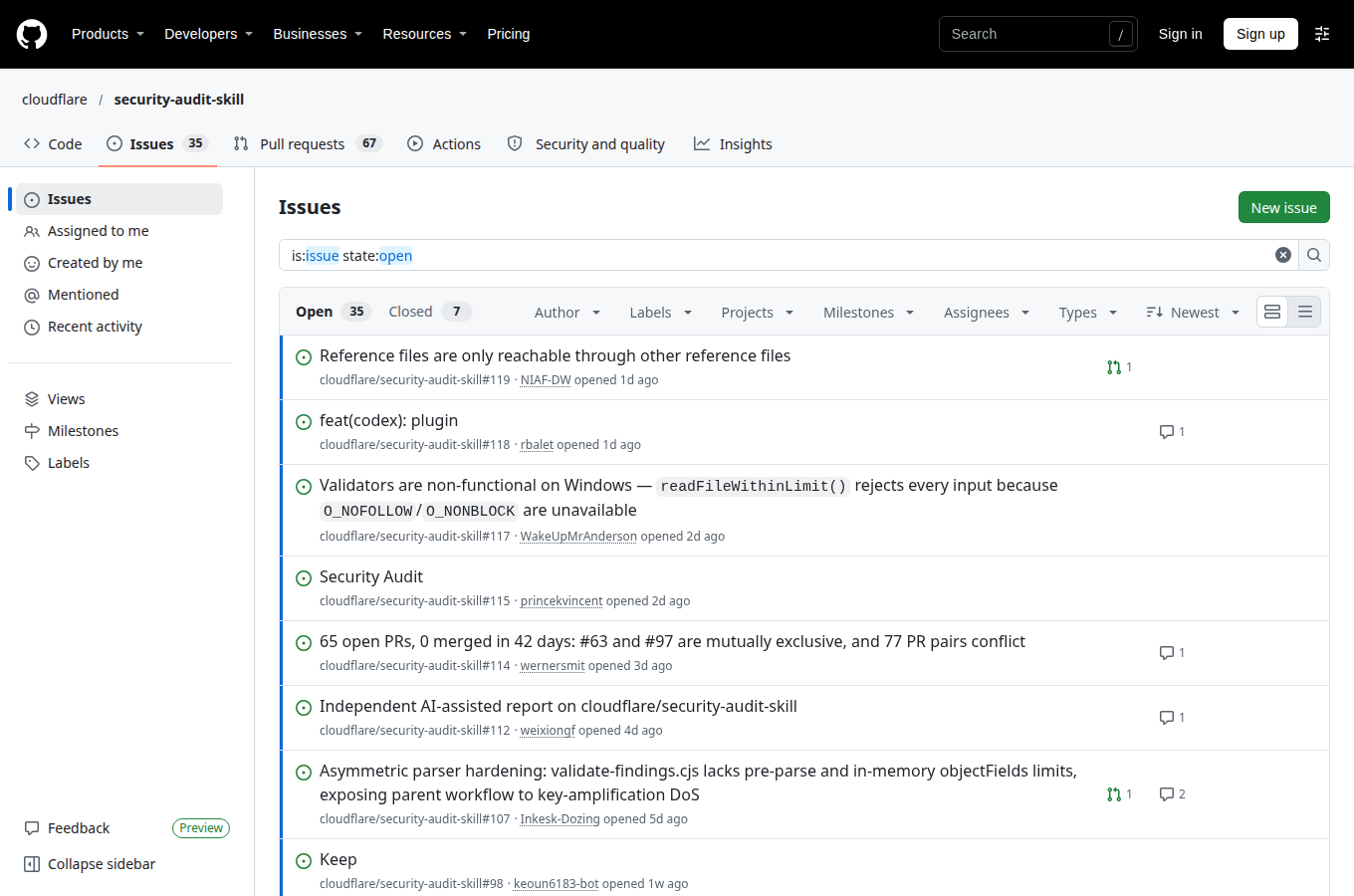 cloudflare/security-audit-skill 的 Issues 頁，顯示使用者回報的問題與討論，是評估專案維護狀態與常見踩坑的第一手來源。