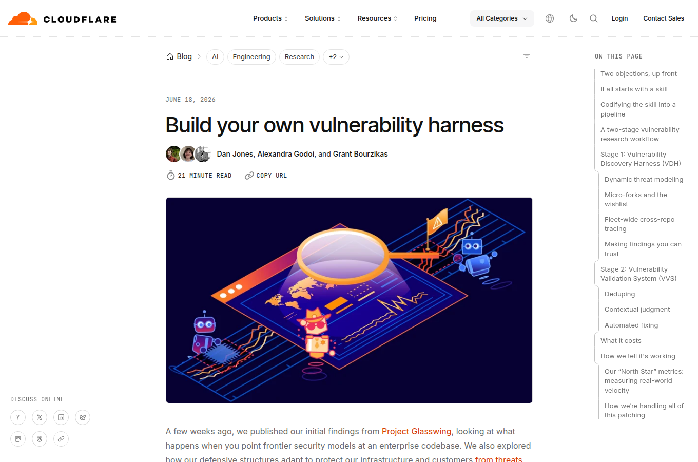 Cloudflare 官方部落格的 vulnerability harness 文章頁，說明這套稽核技能怎麼從單一專案長成整條掃描流程。