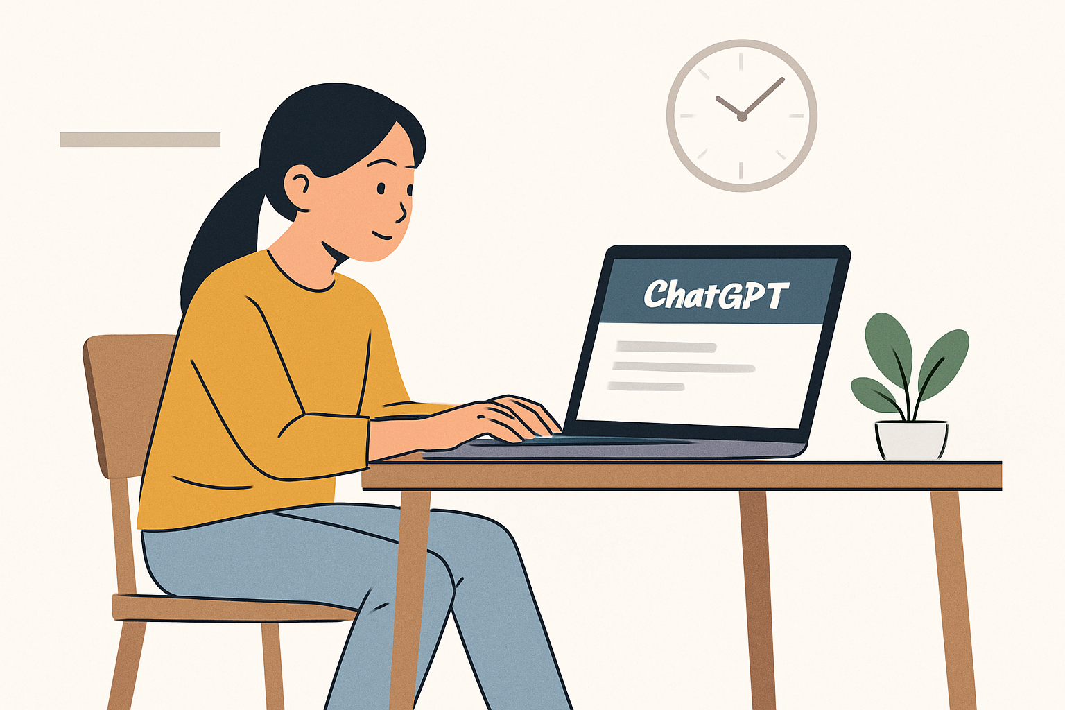 圖片展示一位女性正在使用筆記型電腦，屏幕上顯示著「ChatGPT」的界面，桌上有一盆綠色植物，背景牆上掛著一個時鐘，整體環境寧靜，適合專注於人工智慧的網站經營。