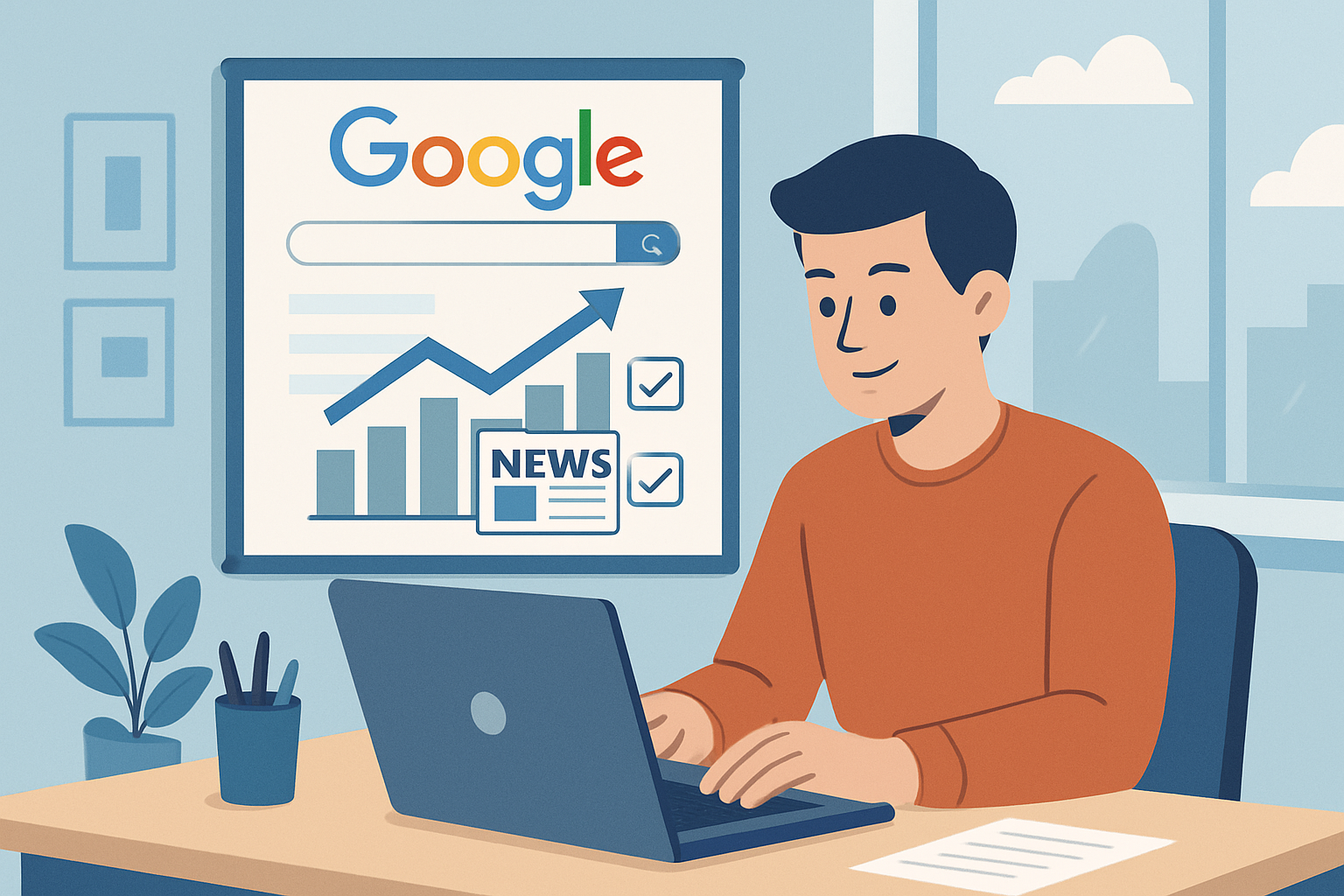 圖片展示一位男士坐在桌前使用筆記型電腦，背景牆上有一個顯示Google搜尋介面和上升的數據圖表，表現出網站經營和人工智慧的關聯。