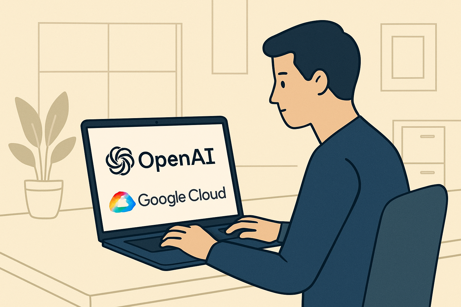 圖片中一名男性坐在桌前，專注地操作著一台顯示OpenAI和Google Cloud標誌的筆記型電腦，桌上還擺放著一盆植物，展現出現代科技與自然環境的和諧。