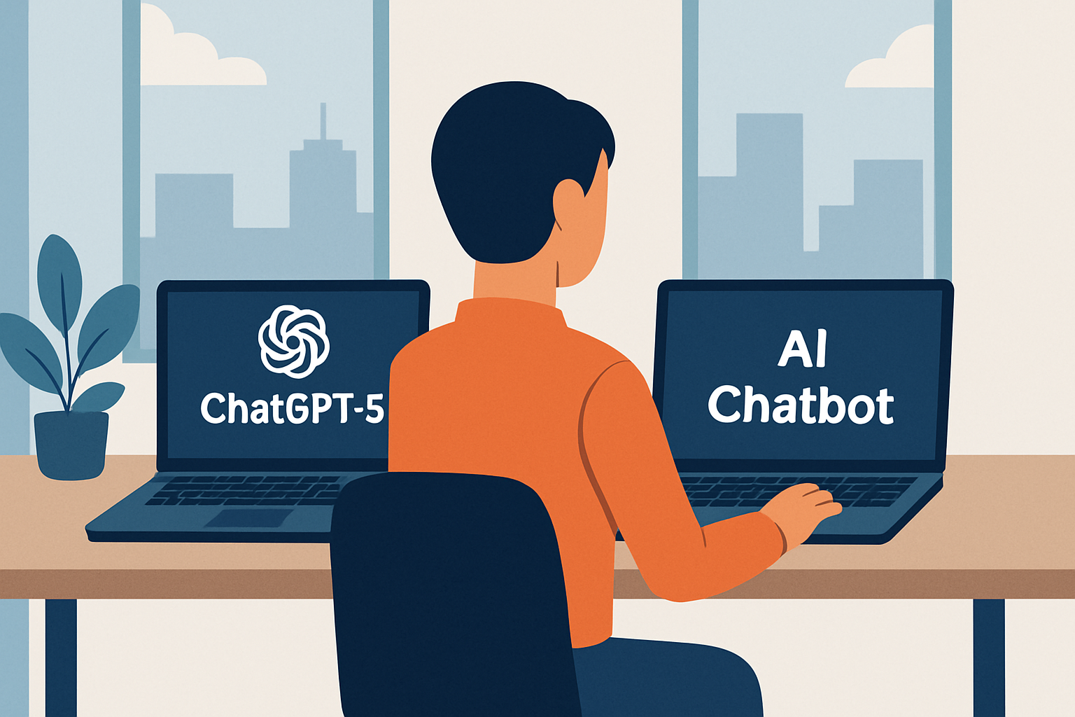 一位專業人士坐在桌前，面對兩台筆記型電腦，分別顯示「ChatGPT-5」與「AI Chatbot」。周圍環境明亮且開放，窗外可見城市景觀，旁邊還擺放著一盆綠色植物，展現出現代工作空間的舒適感。