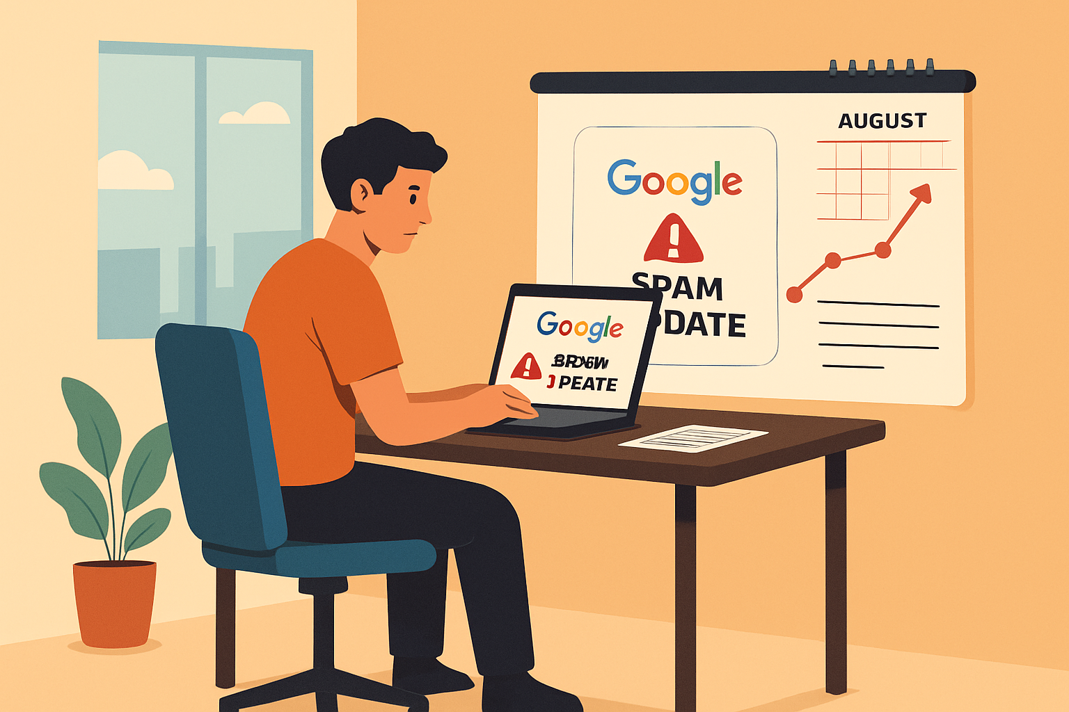 這張圖片呈現一位男性坐在桌子前，使用筆記型電腦查看Google的「垃圾訊息更新」消息。牆上懸掛著一個月度計劃表，顯示著數據增長的趨勢圖，桌上還有一張紙和一盆植物，環境明亮且現代化。