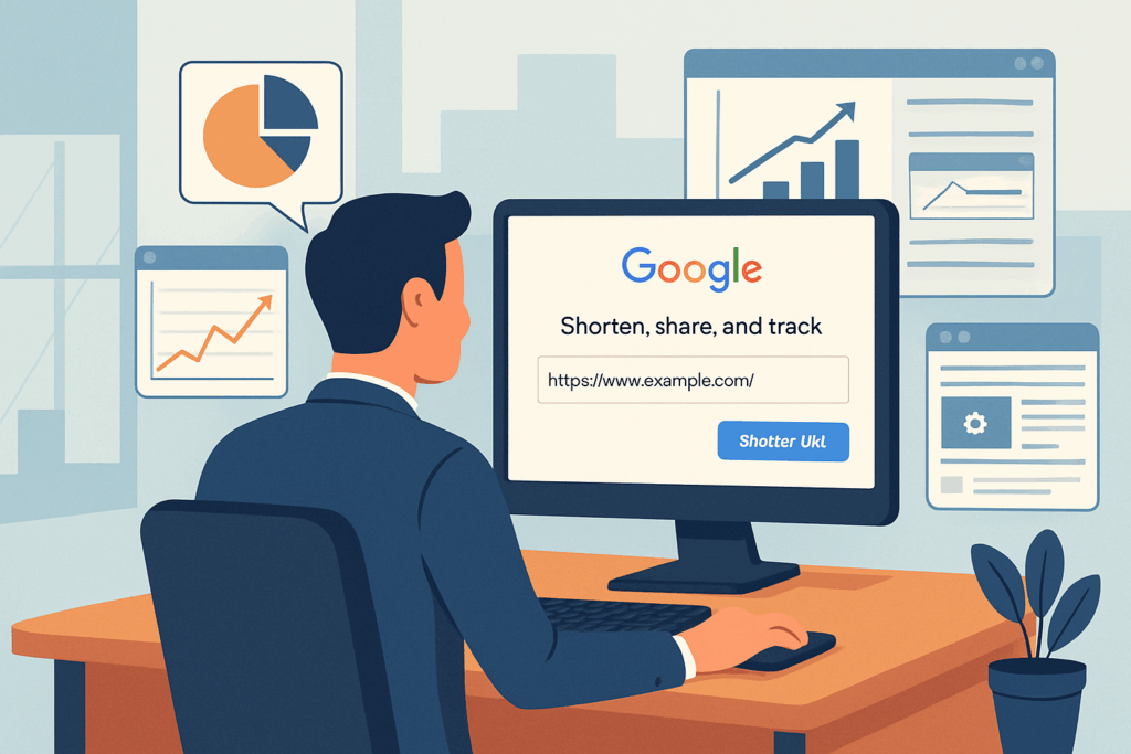 圖片中顯示一位商務人士坐在電腦前，正在使用Google的功能進行網站鏈接縮短與分享，背景中有多個展示數據分析結果的圖表，突顯出人工智能對於網站經營的影響。