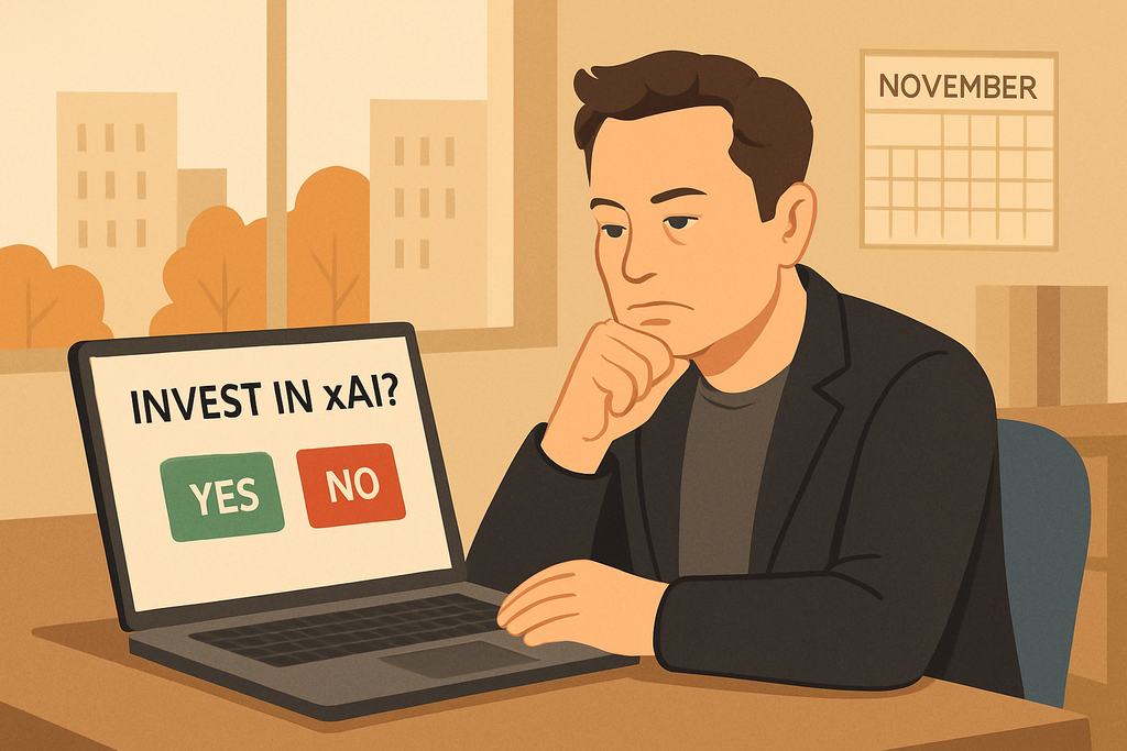 圖片顯示一名男性坐在辦公室，思考是否在人工智慧（AI）上投資，顯示螢幕上有「投資AI？」的問題，以及綠色和紅色的選擇按鈕。